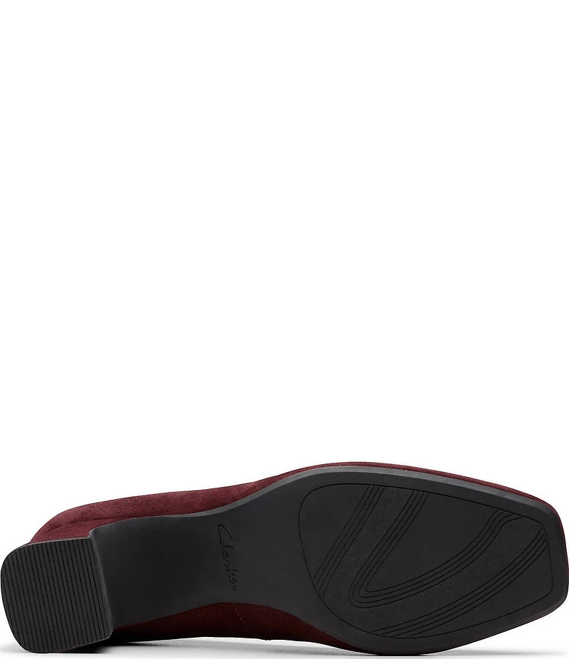 Clarks Signature Fernie Trim Suede Ornamented Block Heel Square Toe Pumps