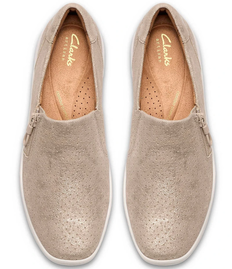 Clarks Artisan Lynell Sky Nubuck Suede Side Zip Perforated Slip On Sneakers