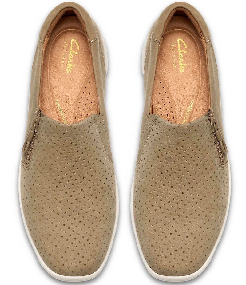 Clarks Artisan Lynell Sky Nubuck Suede Side Zip Perforated Slip On Sneakers