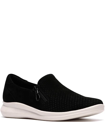 Clarks Artisan Lynell Sky Nubuck Suede Side Zip Perforated Slip On Sneakers