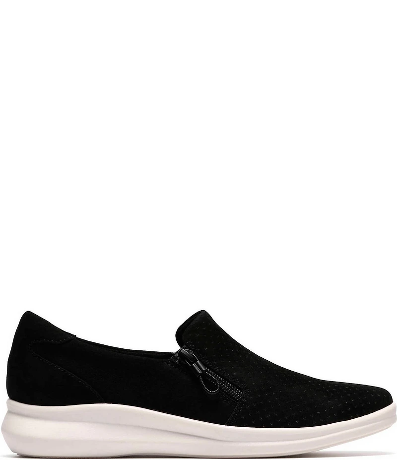 Clarks Artisan Lynell Sky Nubuck Suede Side Zip Perforated Slip On Sneakers