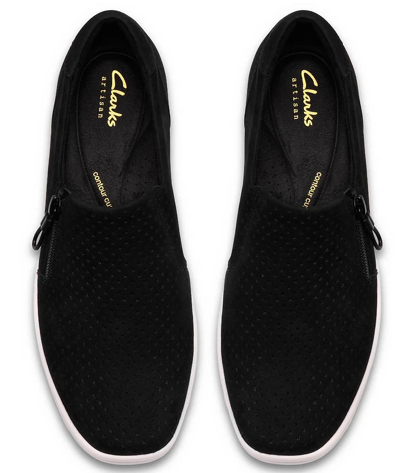 Clarks Artisan Lynell Sky Nubuck Suede Side Zip Perforated Slip On Sneakers