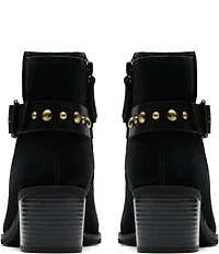 Clarks Signature Morzine Buckle Suede Studded Belt Ankle Booties