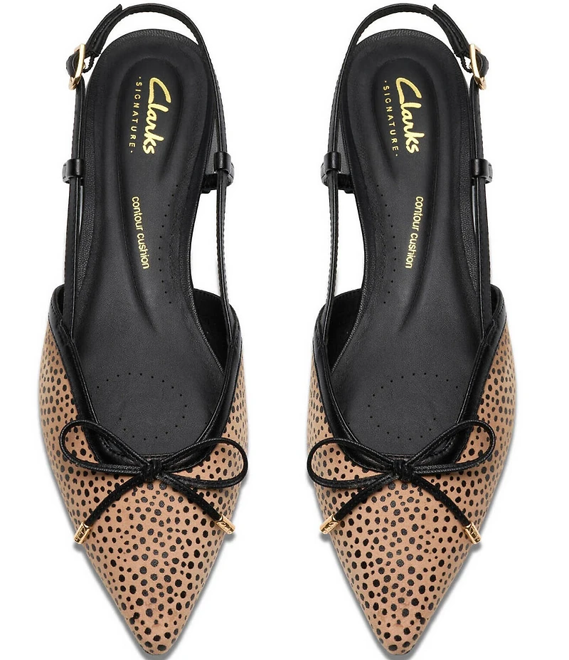 Clarks Signature Sensa 15 Bow Cheetah Print Suede Pointed Toe Slingback Dress Flats