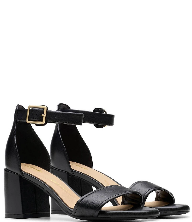 Clarks Signature Ezoria Mae Leather Ankle Strap Block Heel Dress Sandals