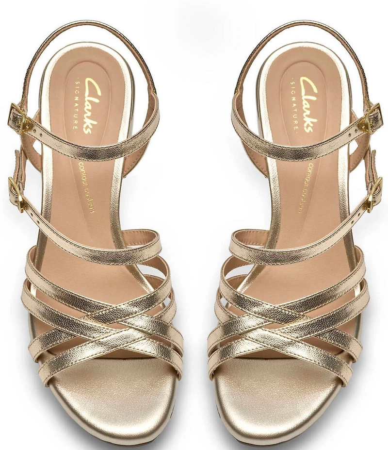 Clarks Signature Ezoria Strappy Metallic Leather Block Heel Dress Sandals