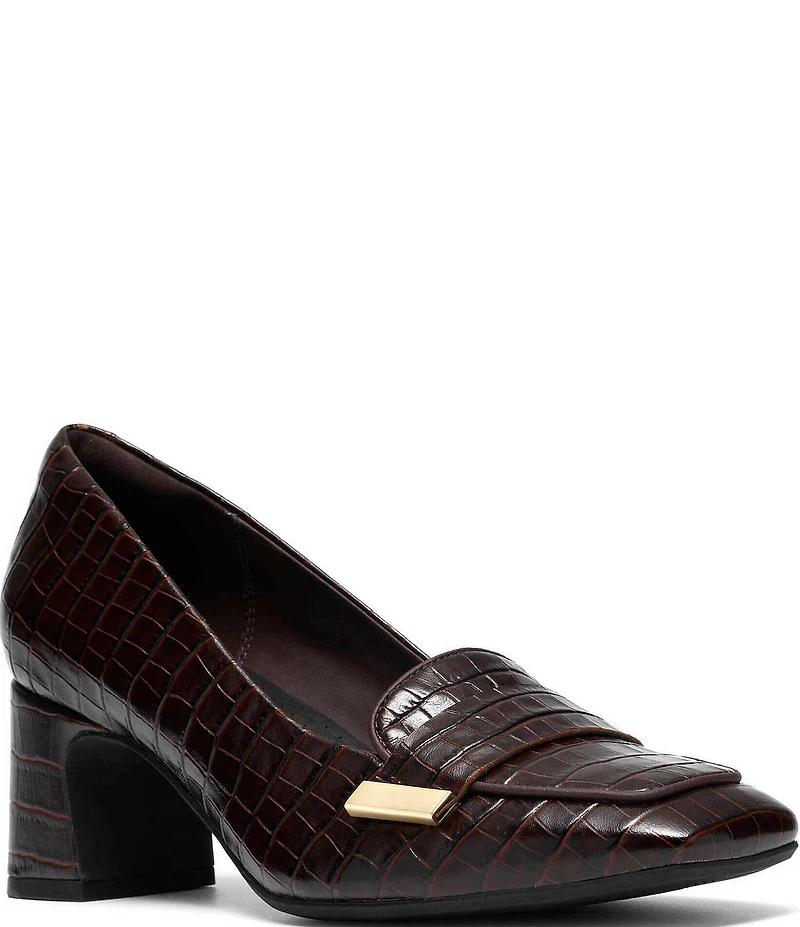 Clarks Signature Fernie Edge Crocodile Embossed Square Toe Loafer Pumps
