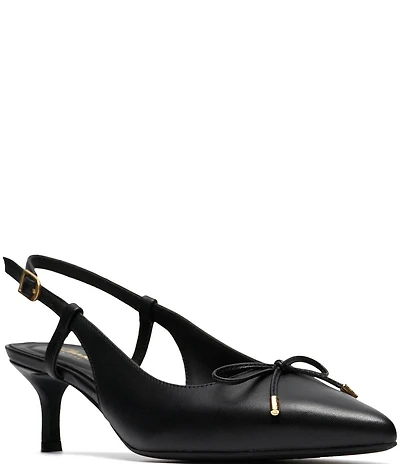 Clarks Signature Zarey Bow Leather Pointed Toe Kitten Heel Slingback Pumps