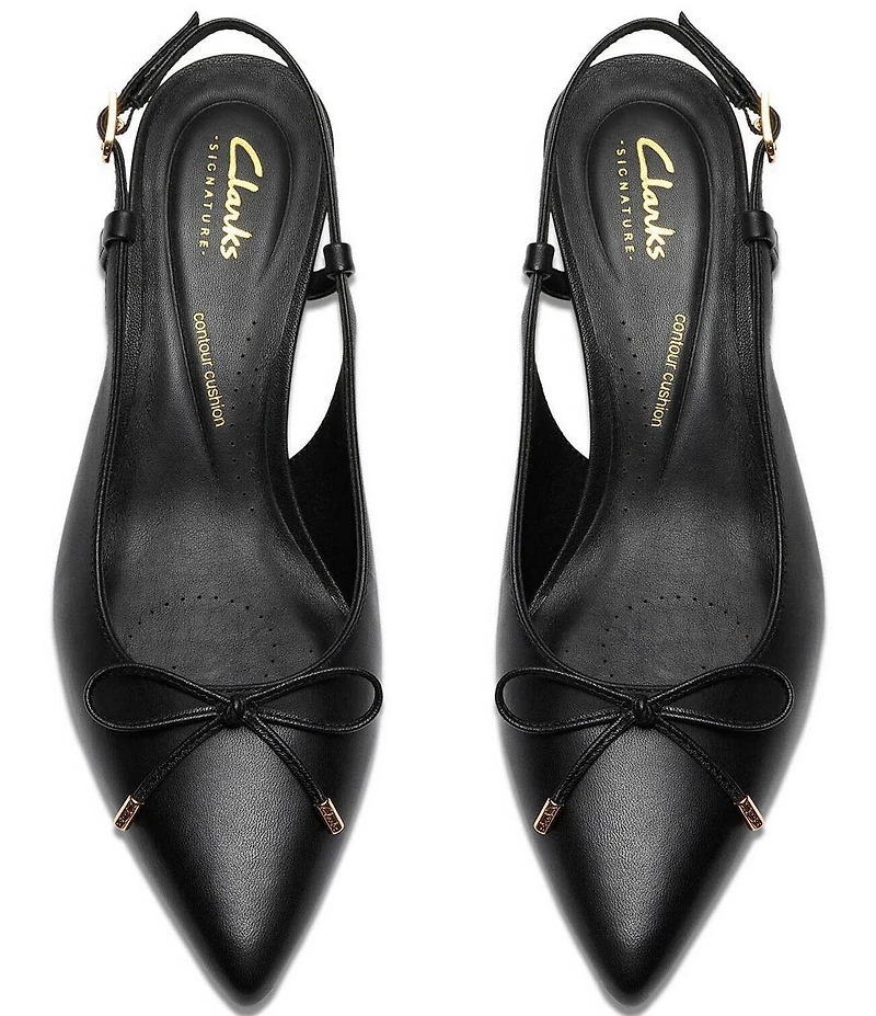 Clarks Signature Zarey Bow Leather Pointed Toe Kitten Heel Slingback Pumps
