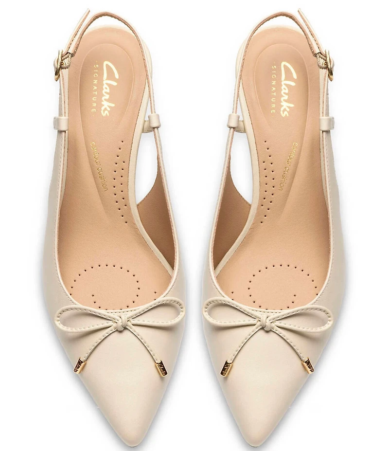 Clarks Signature Zarey Bow Leather Pointed Toe Kitten Heel Slingback Pumps