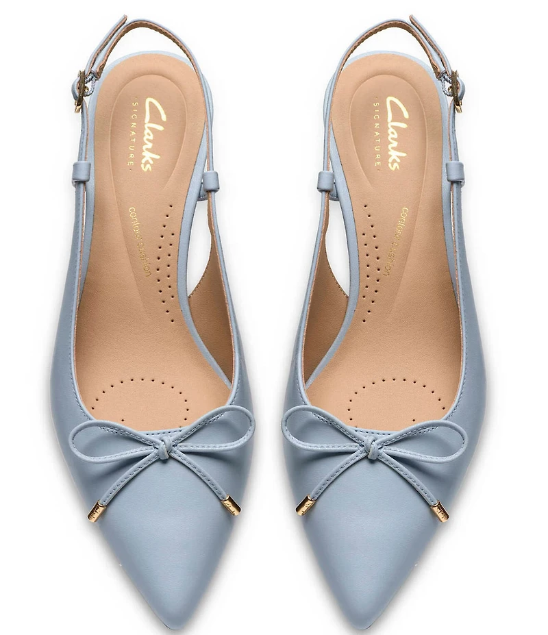 Clarks Signature Zarey Bow Leather Pointed Toe Kitten Heel Slingback Pumps