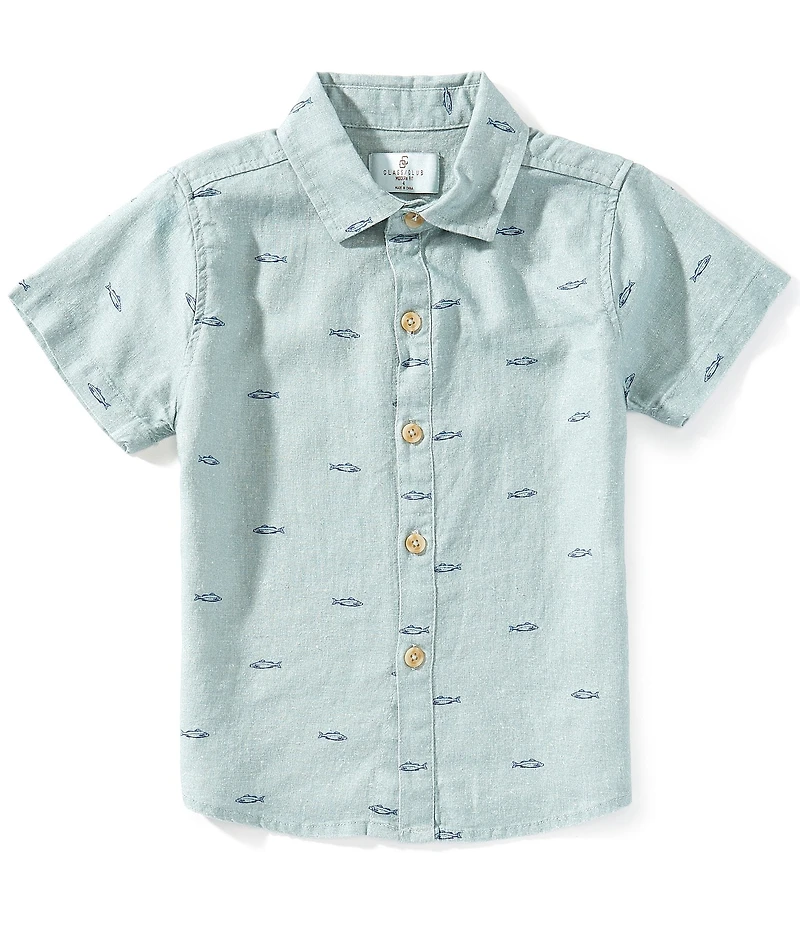 Class Club Little Boys Fish Print Woven Linen Button Front Shirt