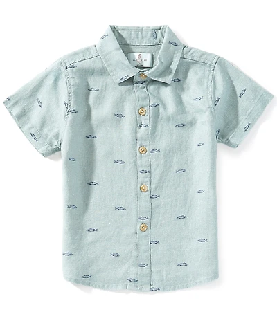 Class Club Little Boys Fish Print Woven Linen Button Front Shirt