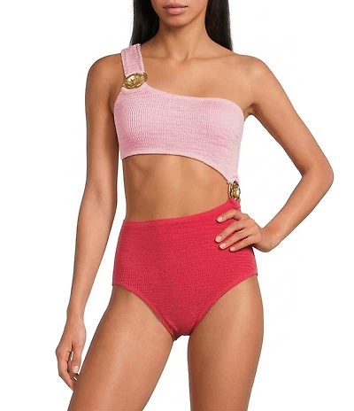 Cleonie Crinkle Beach Hibiscus Maillot One Shoulder Color Block Cut-Out One Piece Swimsuit