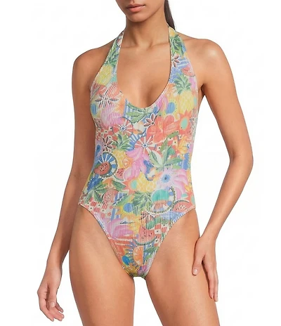 Cleonie Crinkle Nusa Dua Maillot Dreamland Print Halter One Piece Swimsuit
