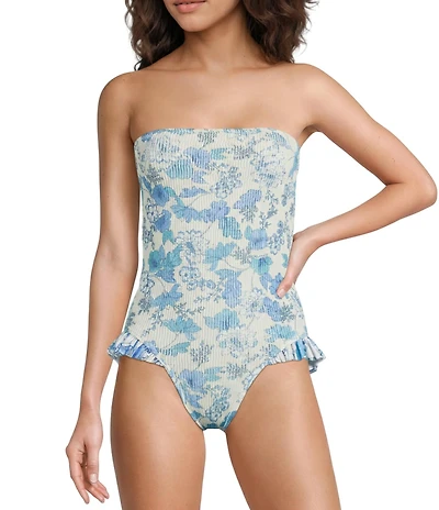 Cleonie Crinkle Sky Bell Maillot Ruffle Detail Floral Print Bandeau One Piece Swimsuit