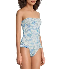 Cleonie Crinkle Sky Bell Maillot Ruffle Detail Floral Print Bandeau One Piece Swimsuit