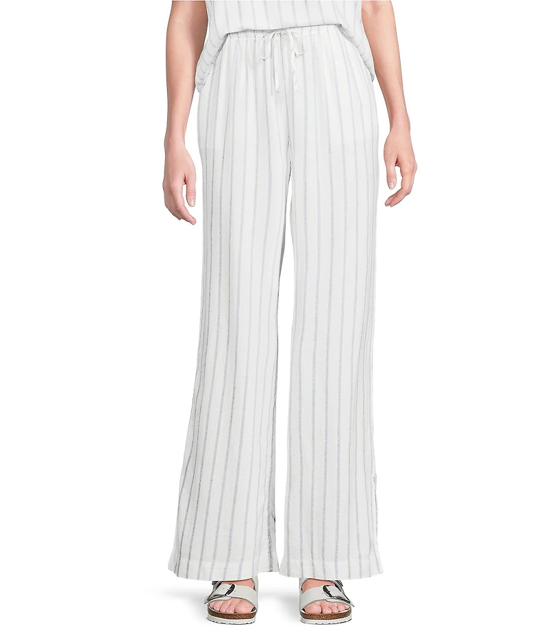 Cloth & Stone Linen Blend High Rise Wide Leg Front Drawstring Stripe Crop Coordinating Pants