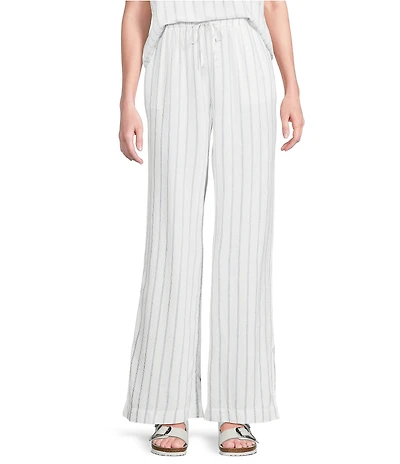 Cloth & Stone Linen Blend High Rise Wide Leg Front Drawstring Stripe Crop Coordinating Pants