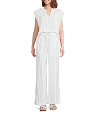 Cloth & Stone Linen Blend High Rise Wide Leg Front Drawstring Stripe Crop Coordinating Pants