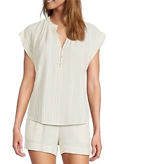 Cloth & Stone Coordinating Linen Blend Knit Striped Henley Cap Sleeve Pullover