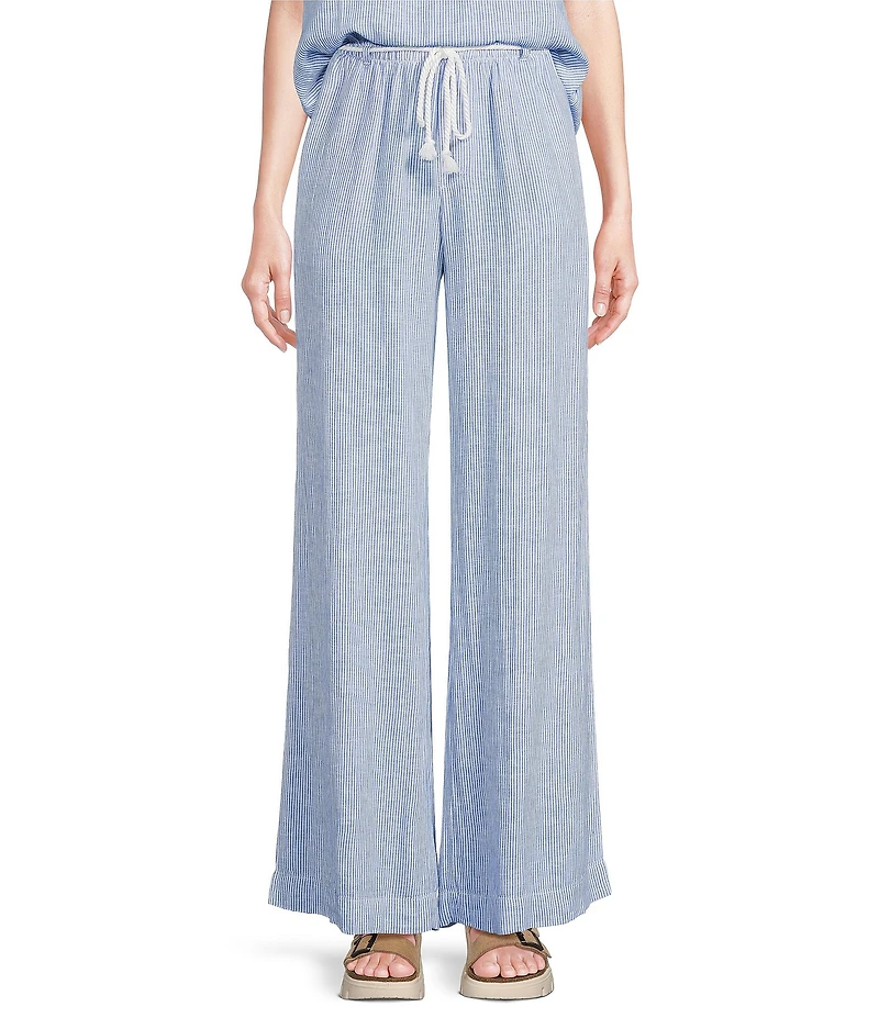 Cloth & Stone Stripe Linen Blend Ruffled Waistband Wide Leg Pants