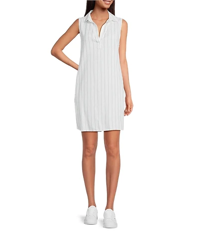 Cloth & Stone Stripe Print Linen Blend Mandarin Collar Short Sleeve A-Line Dress