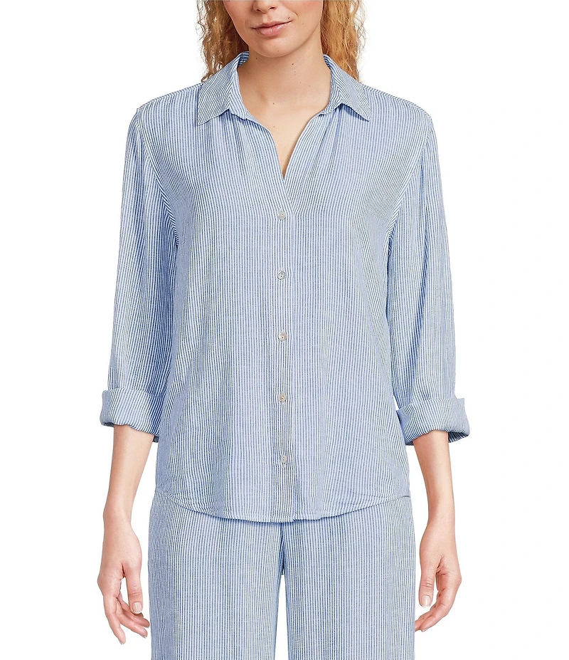 Cloth & Stone Stripe Print Linen Blend Point Collar Long Sleeve Classic Button Down Coordinating Shirt