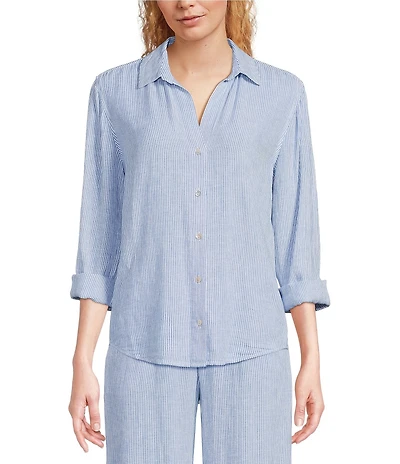 Cloth & Stone Stripe Print Linen Blend Point Collar Long Sleeve Classic Button Down Coordinating Shirt