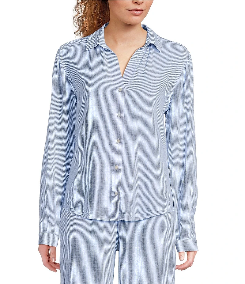 Cloth & Stone Stripe Print Linen Blend Point Collar Long Sleeve Classic Button Down Coordinating Shirt