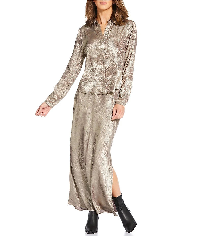 Cloth & Stone Woven Coordinating Ottoman Button Down Collar Long Sleeve Top