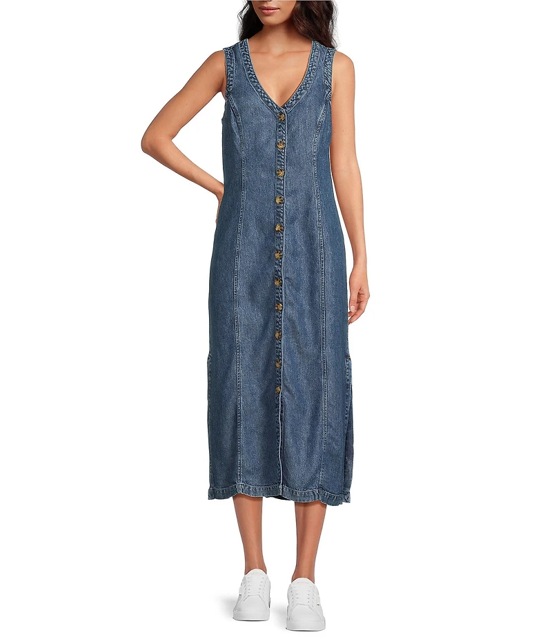 Cloth & Stone Woven Denim V-Neck Sleeveless Midi Shift Dress