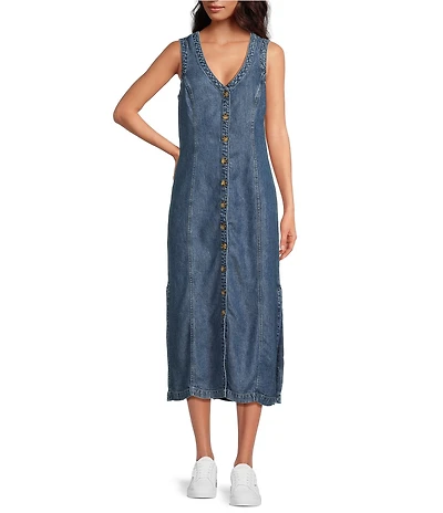 Cloth & Stone Woven Denim V-Neck Sleeveless Midi Shift Dress