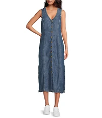 Cloth & Stone Woven Denim V-Neck Sleeveless Midi Shift Dress