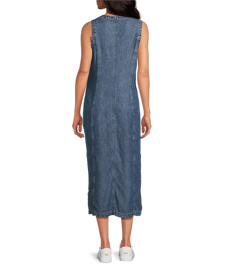 Cloth & Stone Woven Denim V-Neck Sleeveless Midi Shift Dress