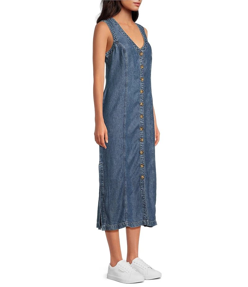Cloth & Stone Woven Denim V-Neck Sleeveless Midi Shift Dress