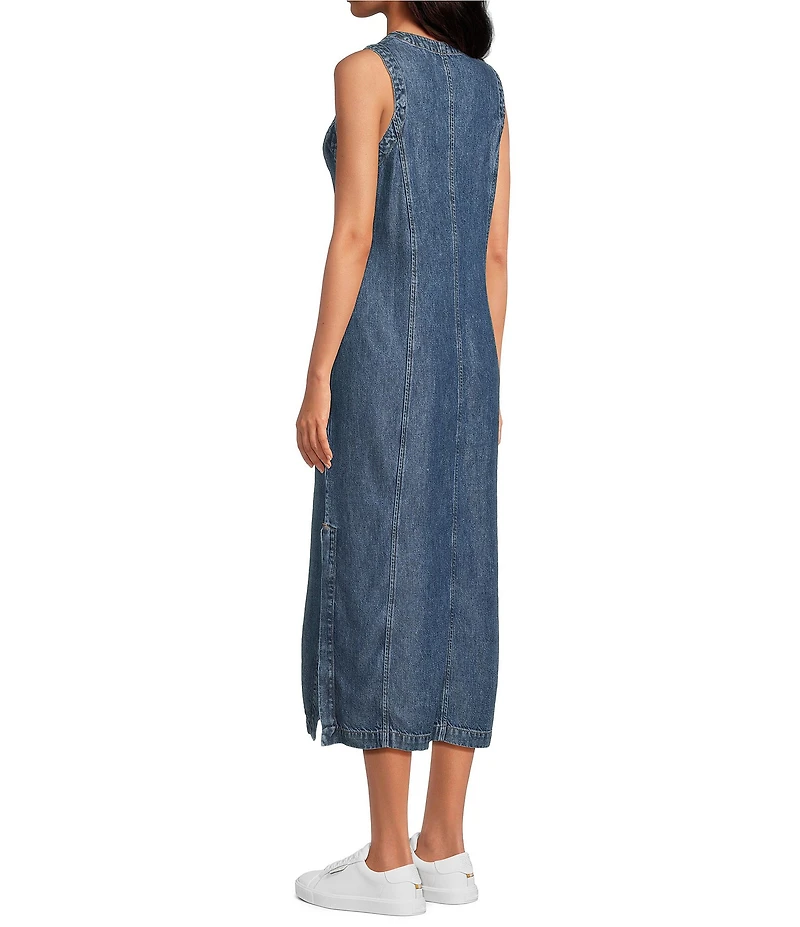 Cloth & Stone Woven Denim V-Neck Sleeveless Midi Shift Dress