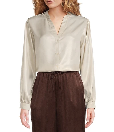 Cloth & Stone Woven Mandarin Collar Long Sleeve Button Down Top