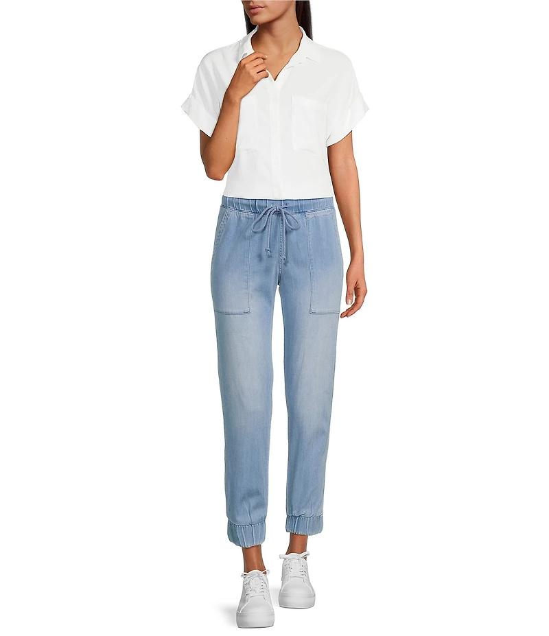 Cloth & Stone Woven Rolled Short Sleeve Point Collar Top
