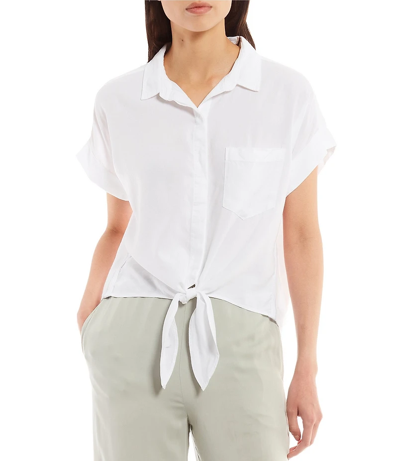 Cloth & Stone Woven Trimmed Short Roll Cuff Sleeve Point Collar Button Tie Front Top