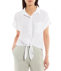 Cloth & Stone Woven Trimmed Short Roll Cuff Sleeve Point Collar Button Tie Front Top