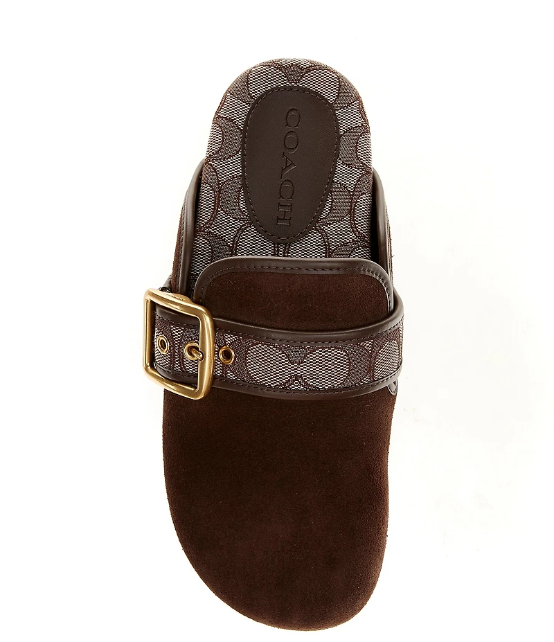 COACH Women's Archival Suede and Signature Jacquard Buckle Hardware Clogs