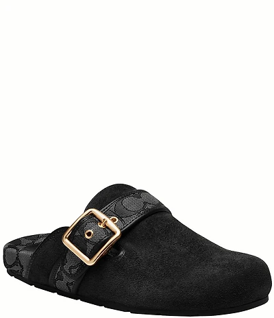 COACH Women's Archival Suede and Signature Jacquard Buckle Hardware Clogs
