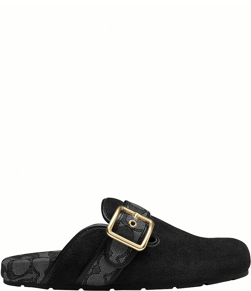 COACH Women's Archival Suede and Signature Jacquard Buckle Hardware Clogs