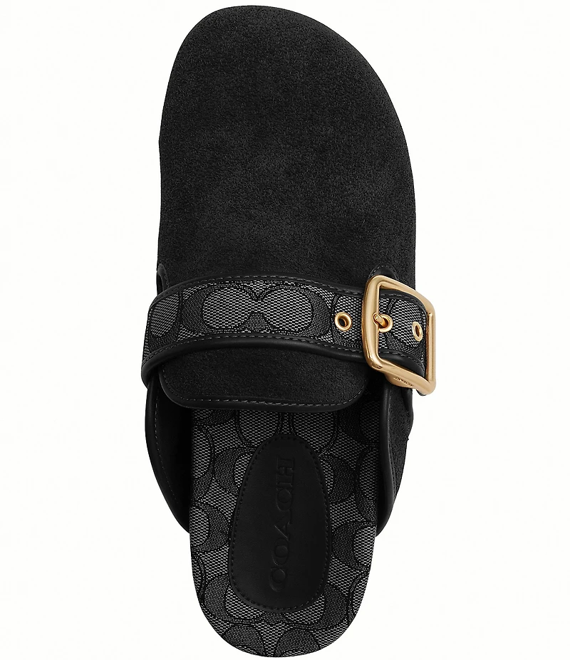 COACH Women's Archival Suede and Signature Jacquard Buckle Hardware Clogs
