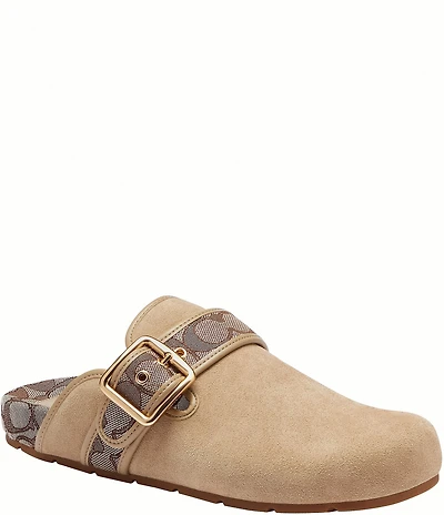 COACH Women's Archival Suede and Signature Jacquard Buckle Hardware Clogs