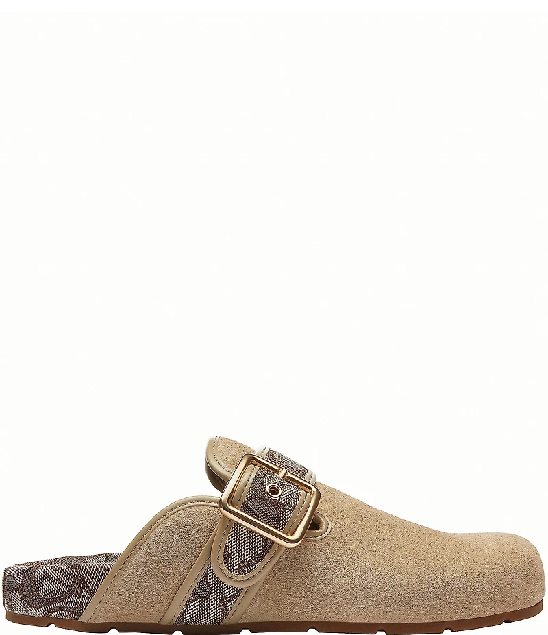 COACH Women's Archival Suede and Signature Jacquard Buckle Hardware Clogs