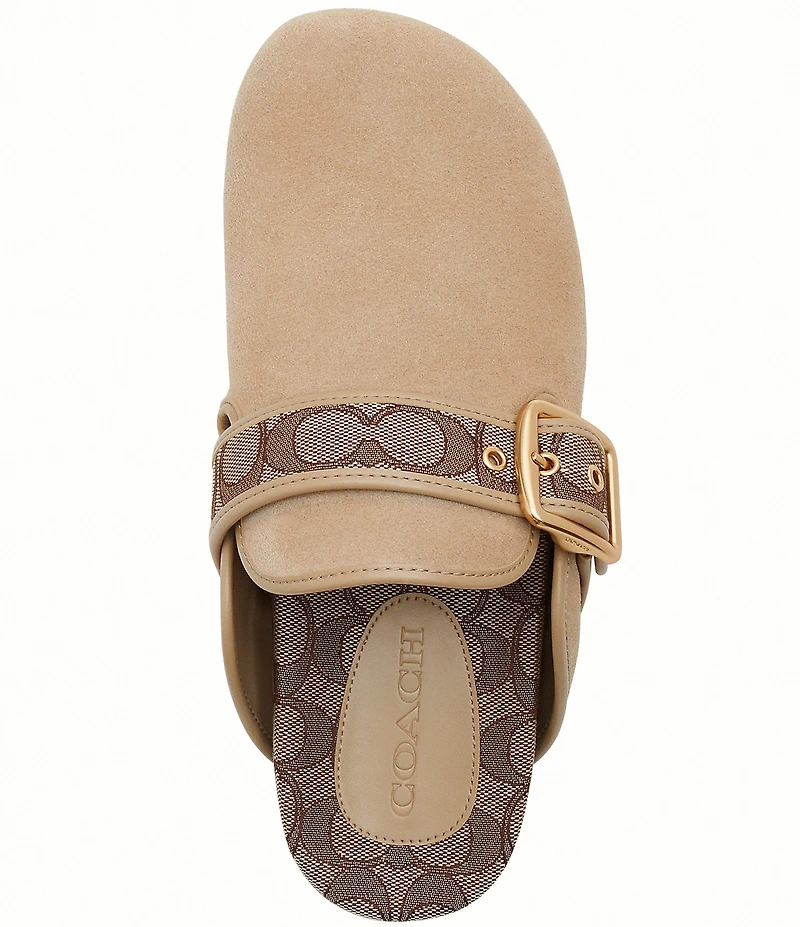 COACH Women's Archival Suede and Signature Jacquard Buckle Hardware Clogs