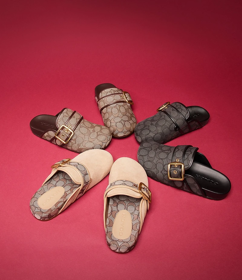 COACH Women's Archival Suede and Signature Jacquard Buckle Hardware Clogs