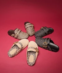COACH Women's Archival Suede and Signature Jacquard Buckle Hardware Clogs